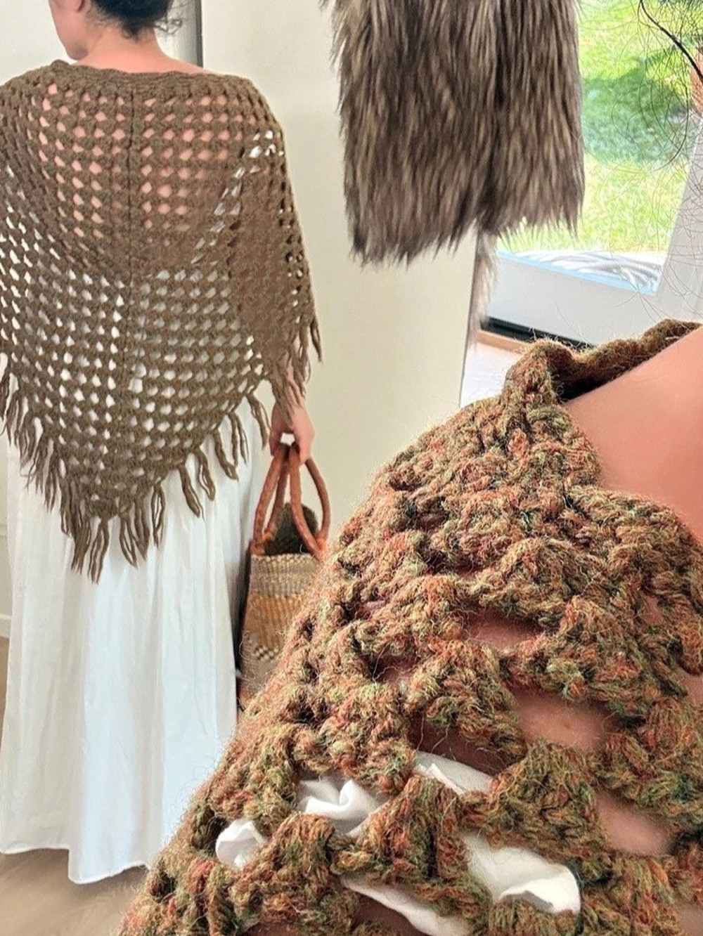 Fringe Crochet Poncho in olive green Like New